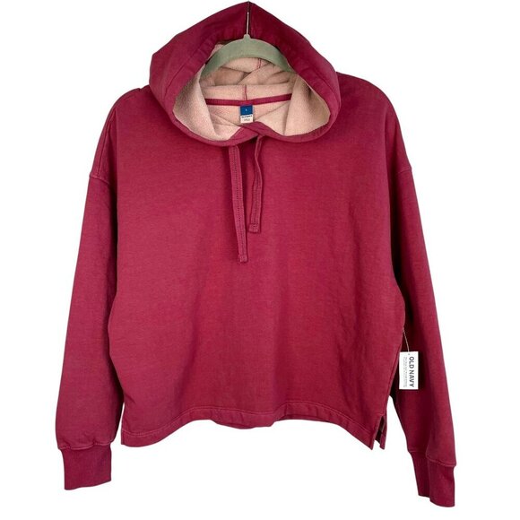NWT Old Navy Fleece-Lined Hoodie Sweatshirt Rose Boxy Cropped Pullover Womens L - Picture 2 of 16